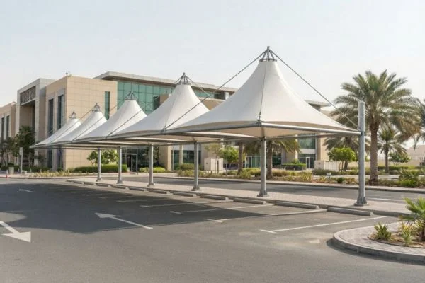 Conical double pole car parking shade in UAE