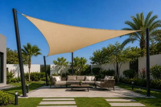 Luxury villa garden shade with premium outdoor fabric canopy and landscaped backyard in UAE