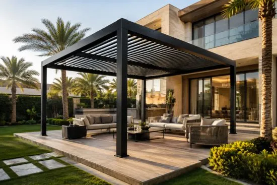 Modern aluminium pergola shade installed in a luxury villa outdoor seating area in UAE