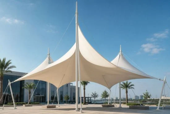 Modern tensile membrane shade structure installed for commercial outdoor space in the UAE