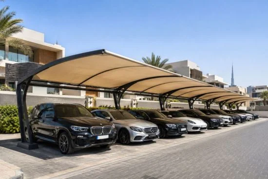 Premium car parking shade installation in UAE with luxury vehicles under a modern tensile cantilever structure